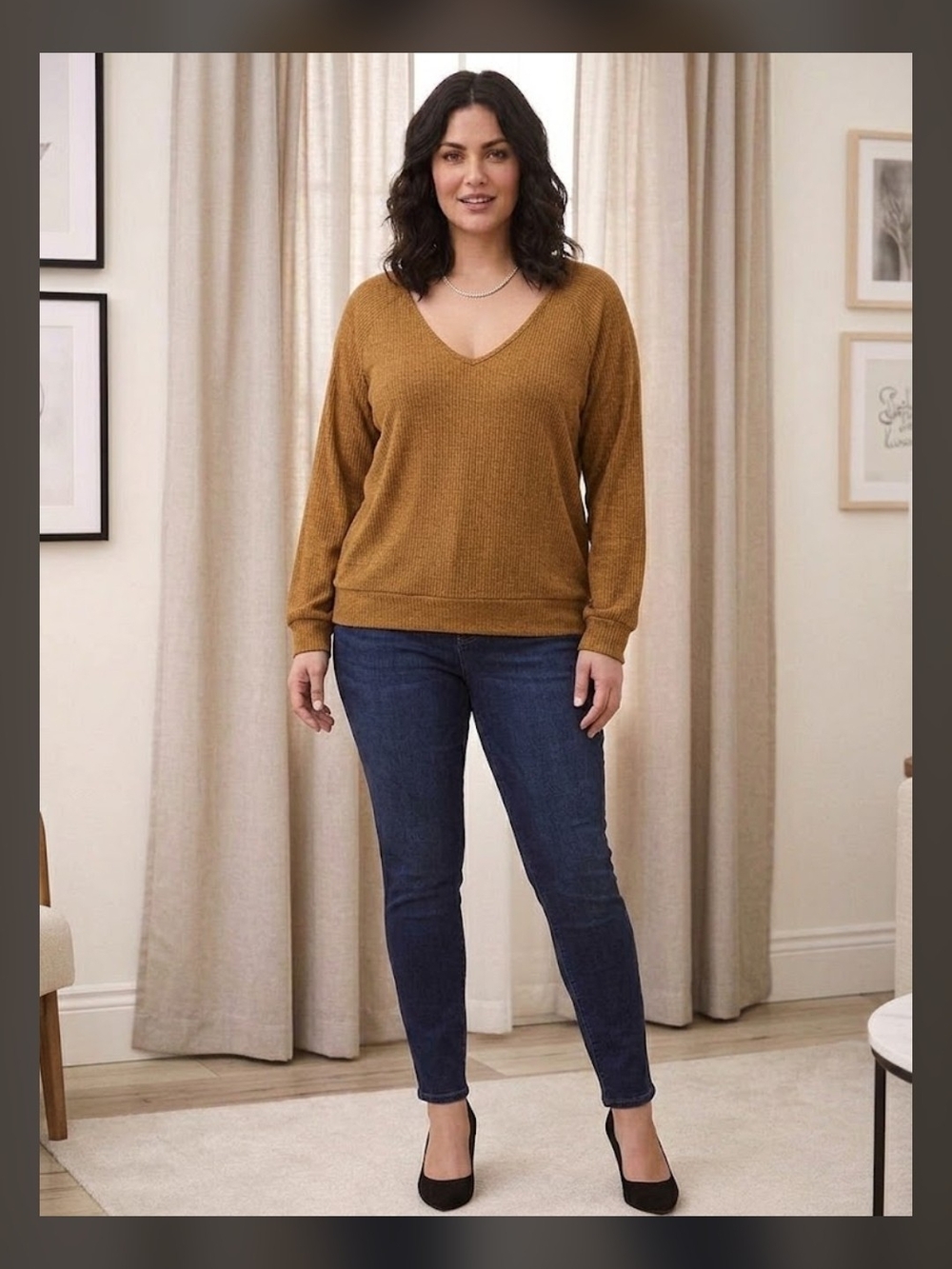 Eclipse Mustard Yellow Ribbed Waffle Knit V-Neck Long Sleeve Top